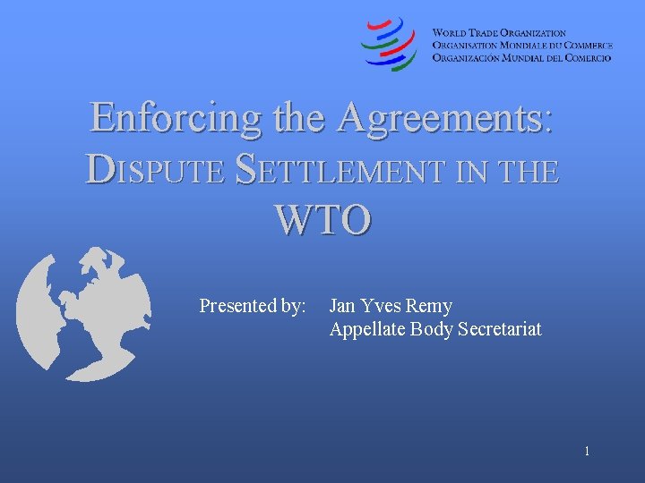 Enforcing the Agreements: DISPUTE SETTLEMENT IN THE WTO Presented by: Jan Yves Remy Appellate