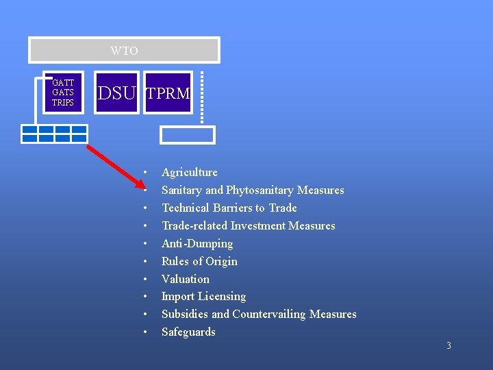 WTO GATT GATS TRIPS DSU TPRM • • • Agriculture Sanitary and Phytosanitary Measures WTO GATT GATS TRIPS DSU TPRM • • • Agriculture Sanitary and Phytosanitary Measures