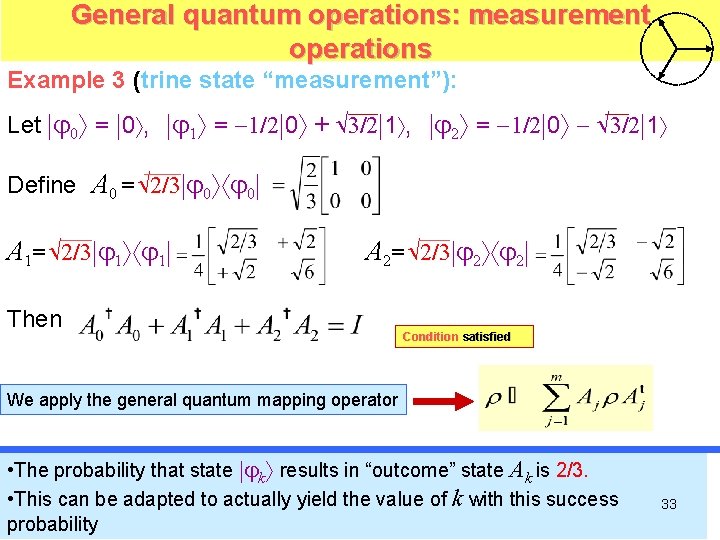General quantum operations: measurement operations Example 3 (trine state “measurement”): Let 0 = 0 General quantum operations: measurement operations Example 3 (trine state “measurement”): Let 0 = 0