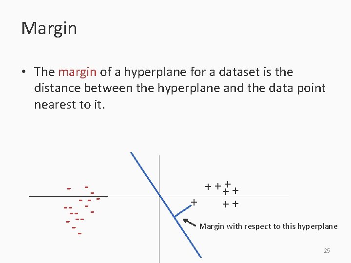 Margin • The margin of a hyperplane for a dataset is the distance between