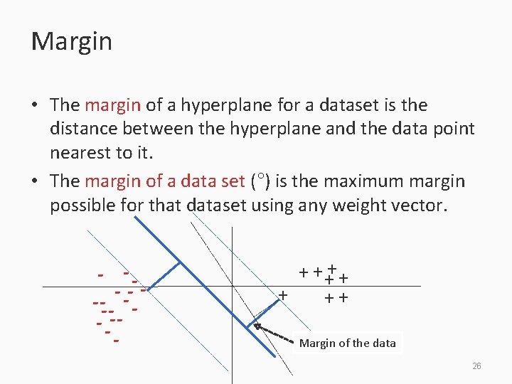 Margin • The margin of a hyperplane for a dataset is the distance between