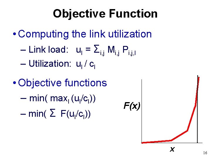 Objective Function • Computing the link utilization – Link load: ul = Σi, j