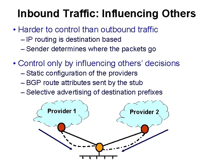 Inbound Traffic: Influencing Others • Harder to control than outbound traffic – IP routing