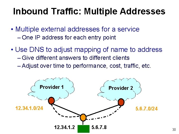 Inbound Traffic: Multiple Addresses • Multiple external addresses for a service – One IP