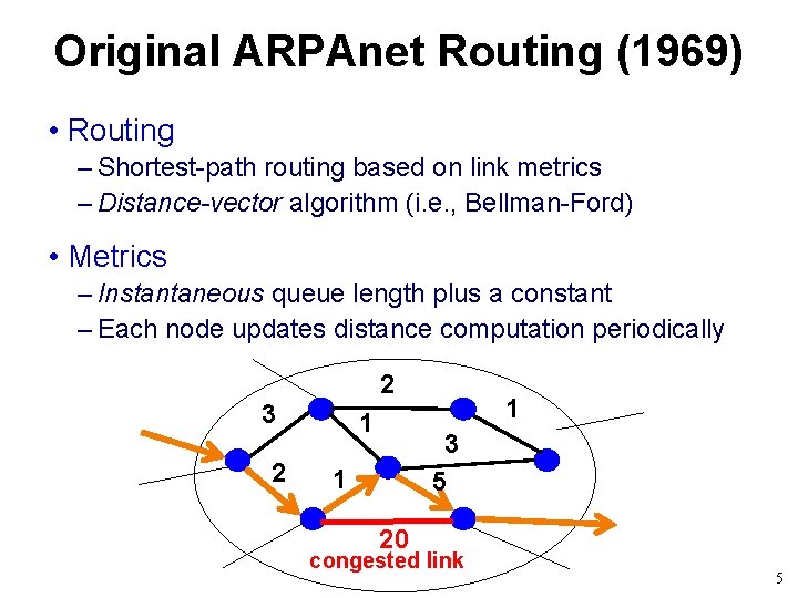 Original ARPAnet Routing (1969) • Routing – Shortest-path routing based on link metrics –