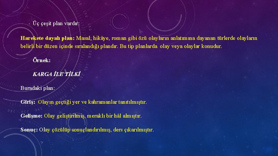 Üç çeşit plan vardır: Harekete dayalı plan: Masal, hikâye, roman gibi özü olayların anlatımına