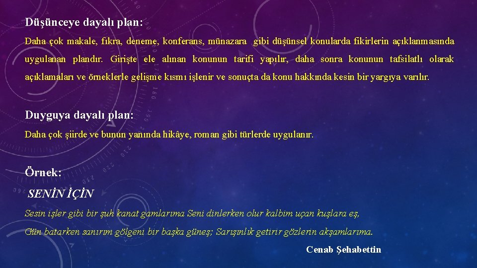 Düşünceye dayalı plan: Daha çok makale, fıkra, deneme, konferans, münazara gibi düşünsel konularda fikirlerin
