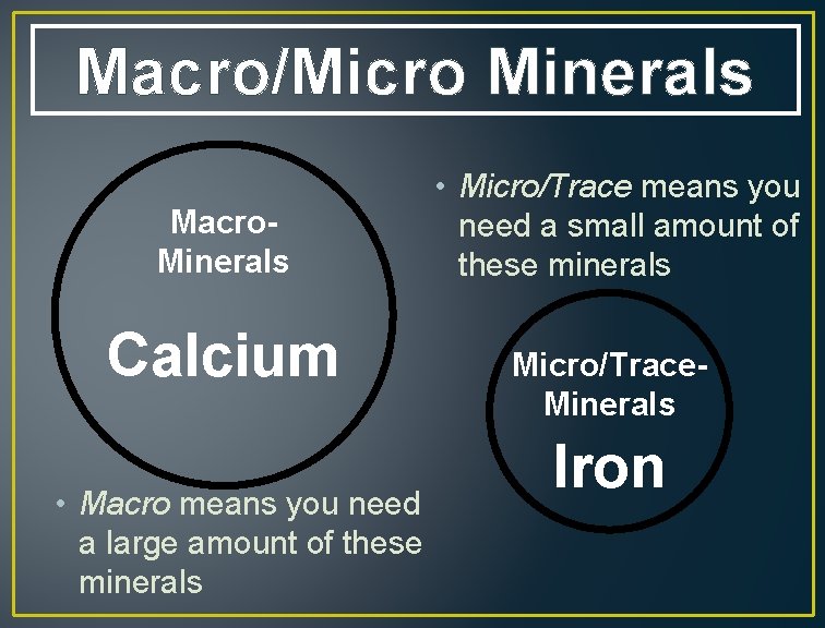 Macro/Micro Minerals Macro. Minerals Calcium • Macro means you need a large amount of