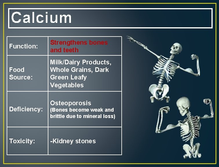Calcium Function: Strengthens bones and teeth Food Source: Milk/Dairy Products, Whole Grains, Dark Green