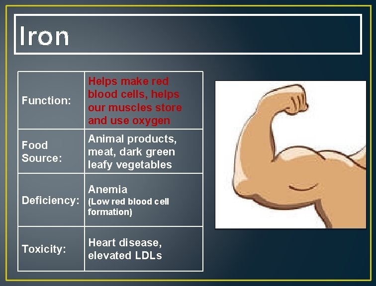 Iron Function: Helps make red blood cells, helps our muscles store and use oxygen