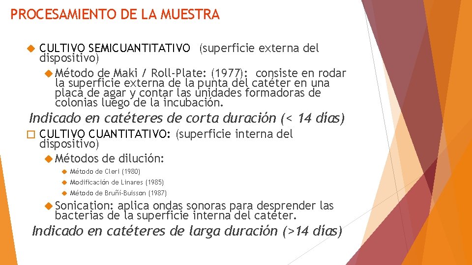 PROCESAMIENTO DE LA MUESTRA CULTIVO SEMICUANTITATIVO: (superficie externa del dispositivo) Método de Maki /