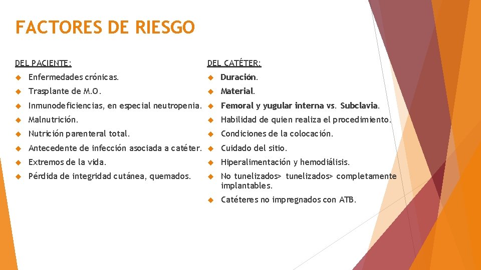 FACTORES DE RIESGO DEL PACIENTE: DEL CATÉTER: Enfermedades crónicas. Duración. Trasplante de M. O.