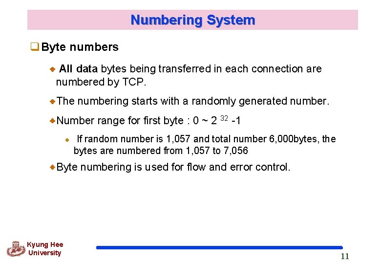 Numbering System q. Byte numbers All data bytes being transferred in each connection are