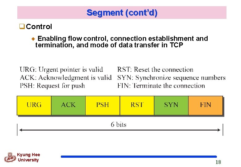 Segment (cont’d) q. Control Enabling flow control, connection establishment and termination, and mode of