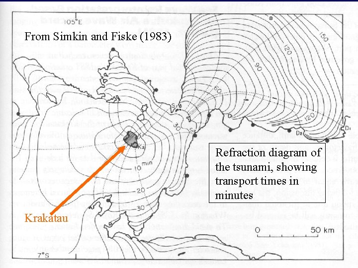 From Simkin and Fiske (1983) Refraction diagram of the tsunami, showing transport times in