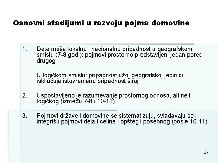 Osnovni stadijumi u razvoju pojma domovine 1. Dete meša lokalnu i nacionalnu pripadnost u