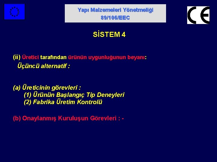 Yapı Malzemeleri Yönetmeliği 89/106/EEC SİSTEM 4 (ii) Üretici tarafından ürünün uygunluğunun beyanı: Üçüncü alternatif