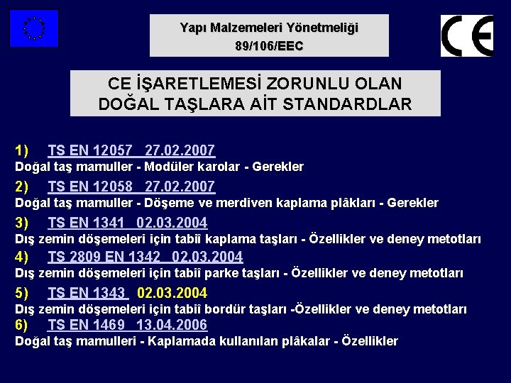 Yapı Malzemeleri Yönetmeliği 89/106/EEC CE İŞARETLEMESİ ZORUNLU OLAN DOĞAL TAŞLARA AİT STANDARDLAR 1) TS