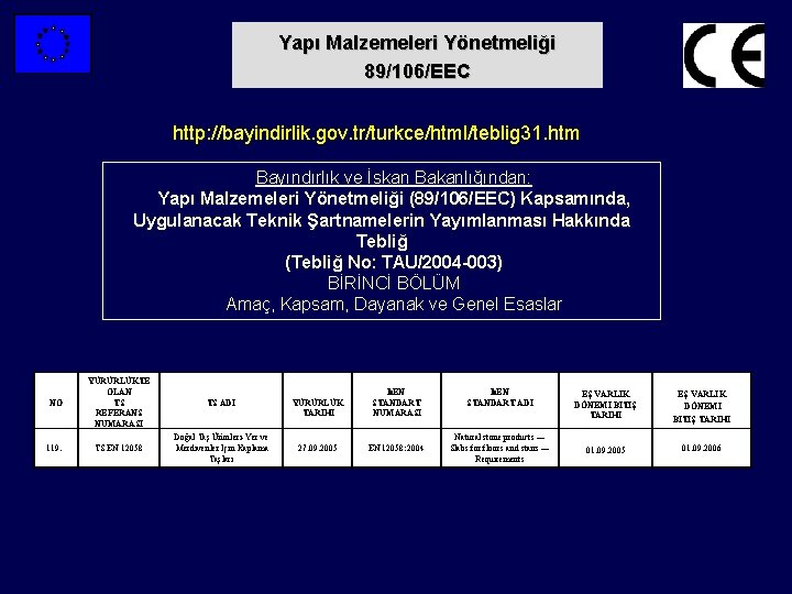 Yapı Malzemeleri Yönetmeliği 89/106/EEC http: //bayindirlik. gov. tr/turkce/html/teblig 31. htm Bayındırlık ve İskan Bakanlığından: