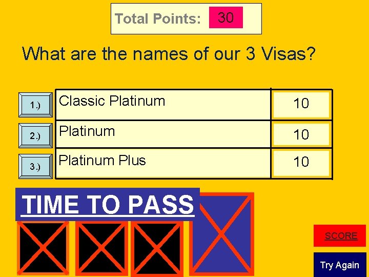 Total Points: 30 What are the names of our 3 Visas? 1. ) Classic