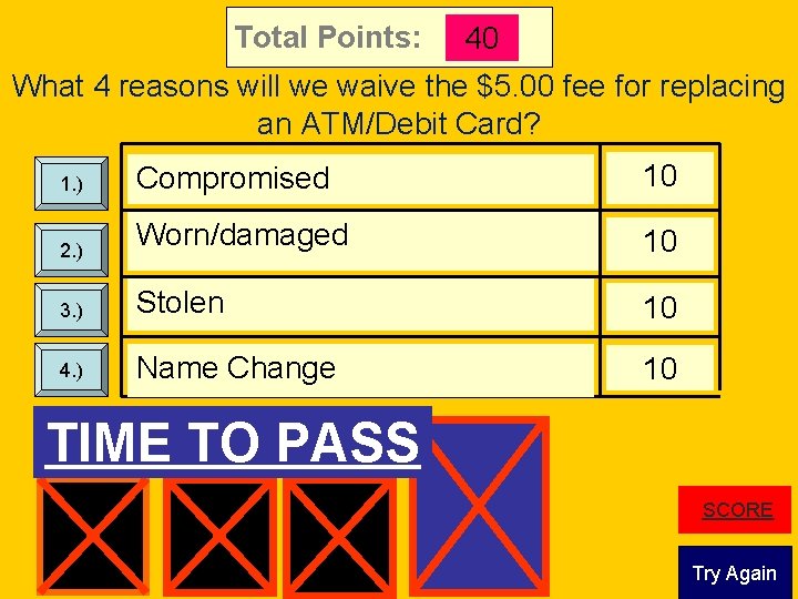 Total Points: 40 What 4 reasons will we waive the $5. 00 fee for