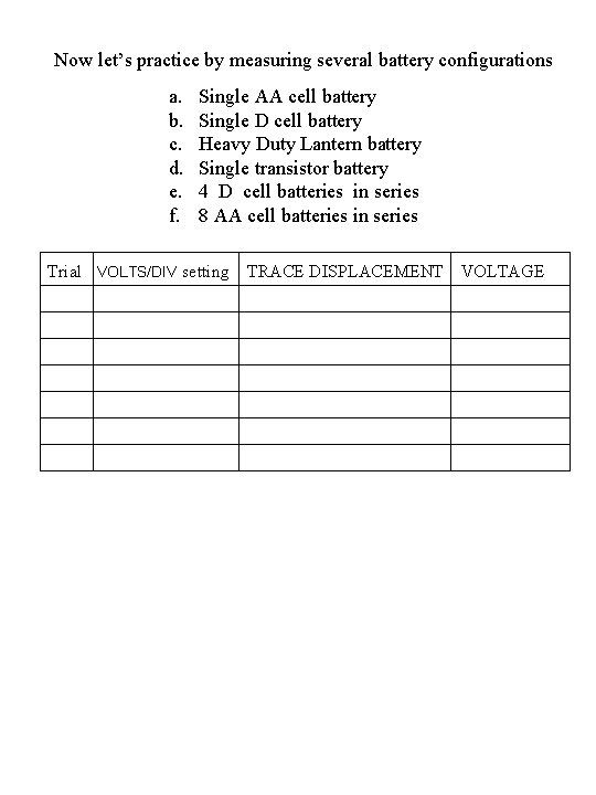 Now let’s practice by measuring several battery configurations a. b. c. d. e. f.