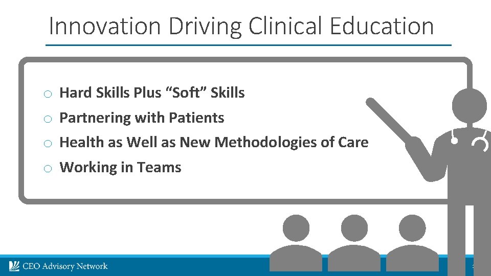 Innovation Driving Clinical Education o o Hard Skills Plus “Soft” Skills Partnering with Patients