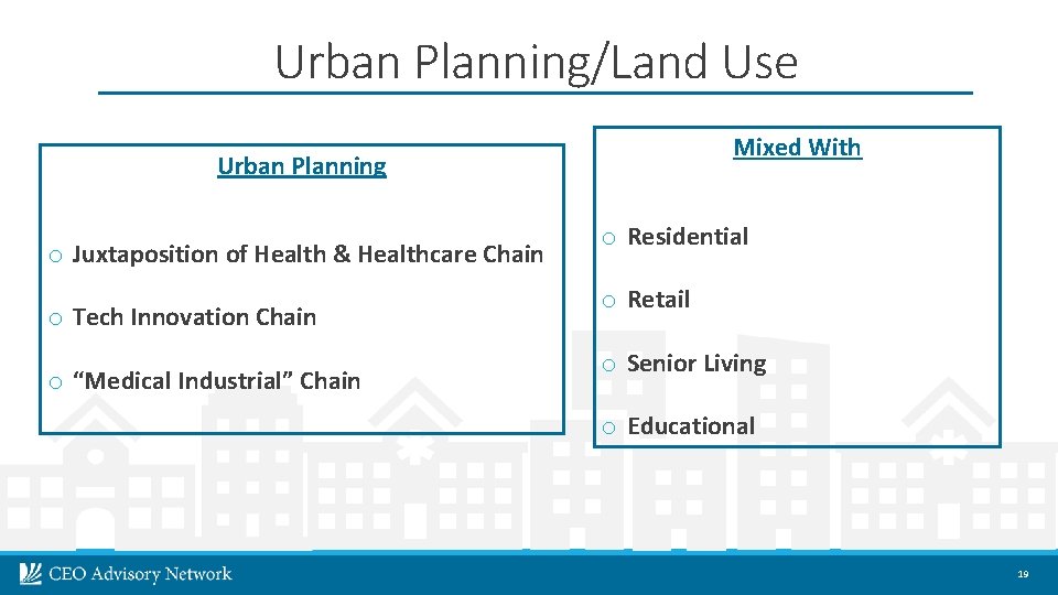 Urban Planning/Land Use Urban Planning o Juxtaposition of Health & Healthcare Chain o Tech