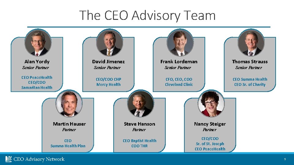 The CEO Advisory Team Alan Yordy David Jimenez Frank Lordeman Thomas Strauss Senior Partner