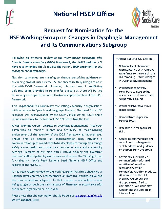 National HSCP Office Request for Nomination for the HSE Working Group on Changes in