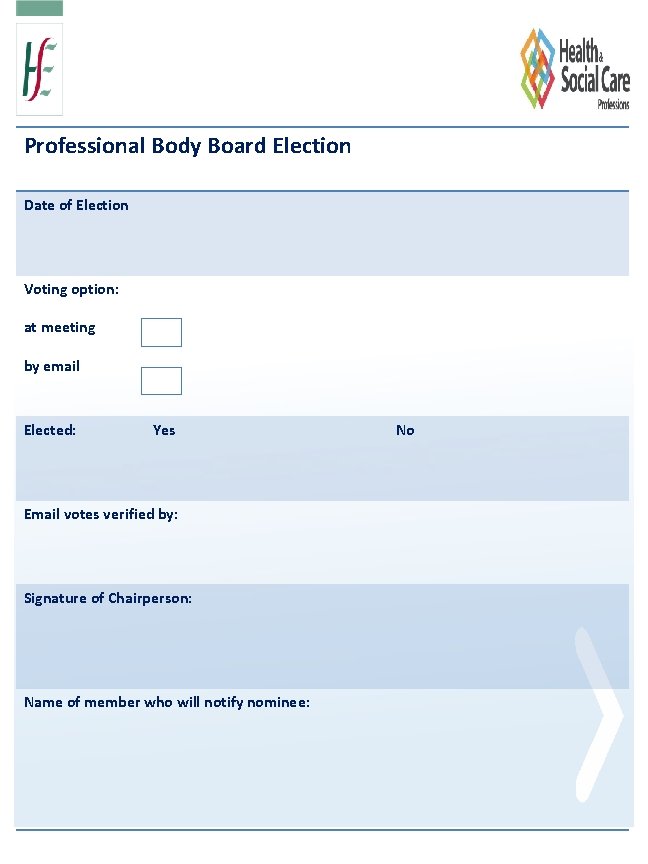 Professional Body Board Election Date of Election Voting option: at meeting by email Elected: