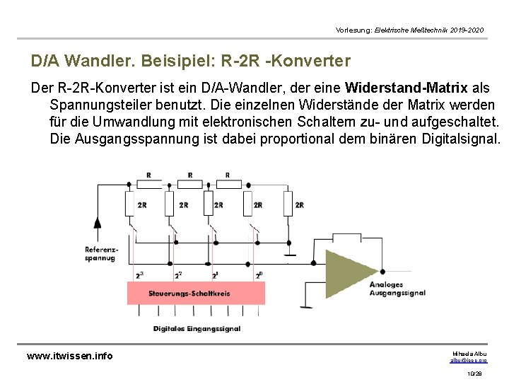 Vorlesung: Elektrische Meßtechnik 2019 -2020 D/A Wandler. Beisipiel: R-2 R -Konverter Der R-2 R-Konverter