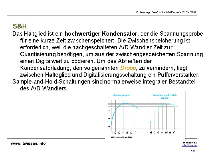 Vorlesung: Elektrische Meßtechnik 2019 -2020 S&H Das Haltglied ist ein hochwertiger Kondensator, der die