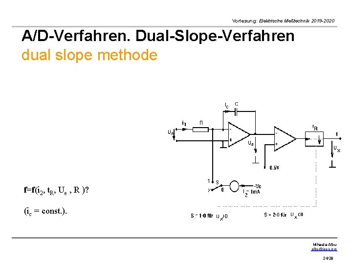 Vorlesung: Elektrische Meßtechnik 2019 -2020 A/D-Verfahren. Dual-Slope-Verfahren dual slope methode f=f(i 2, t. R,