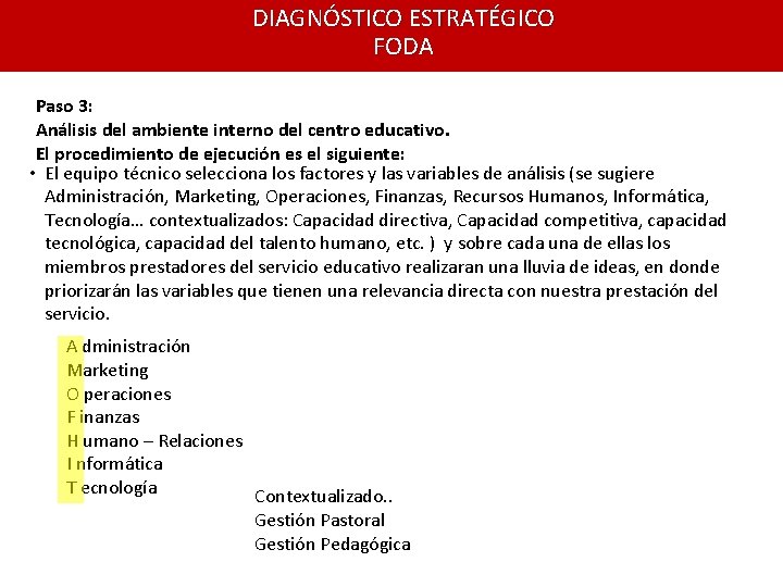 DIAGNÓSTICO ESTRATÉGICO FODA Paso 3: Análisis del ambiente interno del centro educativo. El procedimiento