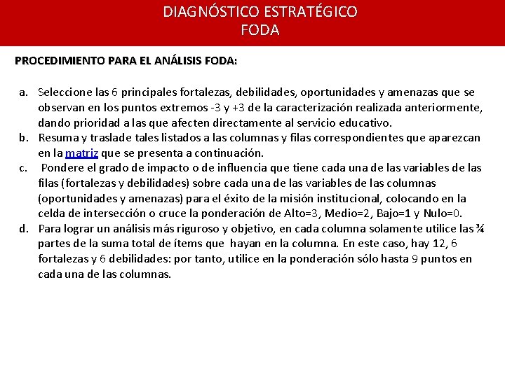 DIAGNÓSTICO ESTRATÉGICO FODA PROCEDIMIENTO PARA EL ANÁLISIS FODA: a. Seleccione las 6 principales fortalezas,