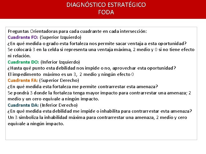 DIAGNÓSTICO ESTRATÉGICO FODA Preguntas Orientadoras para cada cuadrante en cada intersección: Cuadrante FO: (Superior