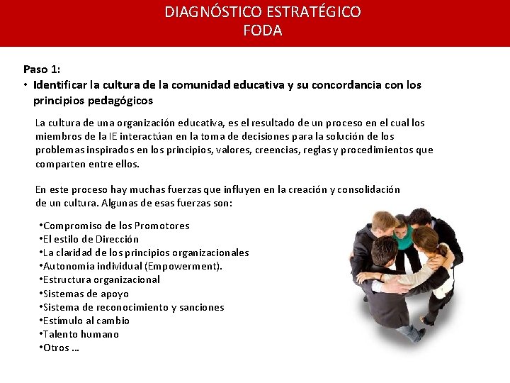 DIAGNÓSTICO ESTRATÉGICO FODA Paso 1: • Identificar la cultura de la comunidad educativa y