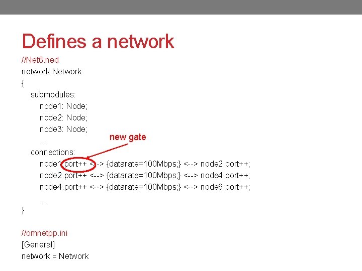 Defines a network //Net 6. ned network Network { submodules: node 1: Node; node