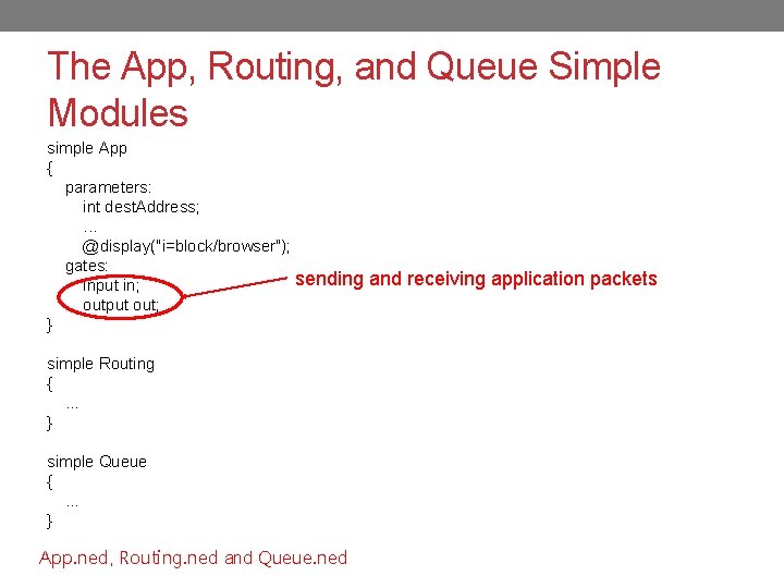 The App, Routing, and Queue Simple Modules simple App { parameters: int dest. Address;