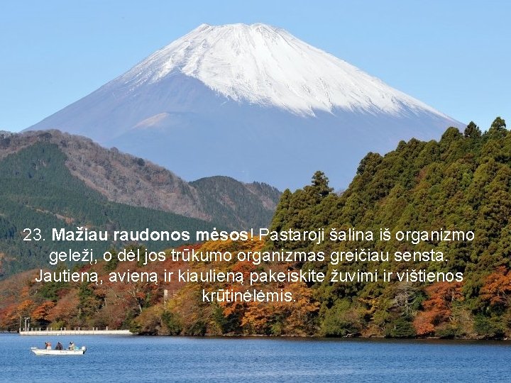 23. Mažiau raudonos mėsos! Pastaroji šalina iš organizmo geležį, o dėl jos trūkumo organizmas