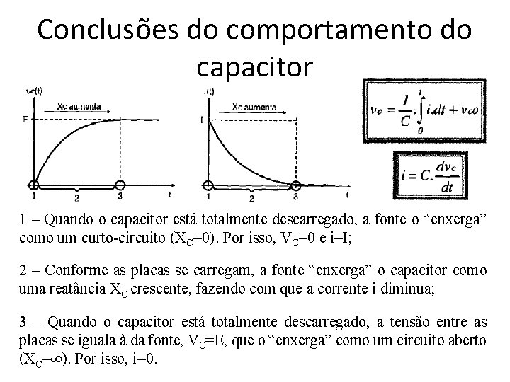 Conclusões do comportamento do capacitor 1 – Quando o capacitor está totalmente descarregado, a Conclusões do comportamento do capacitor 1 – Quando o capacitor está totalmente descarregado, a
