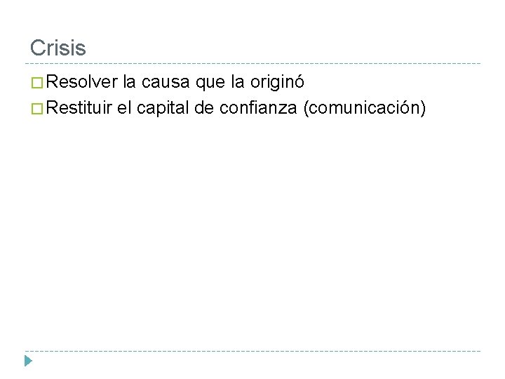 Crisis � Resolver la causa que la originó � Restituir el capital de confianza