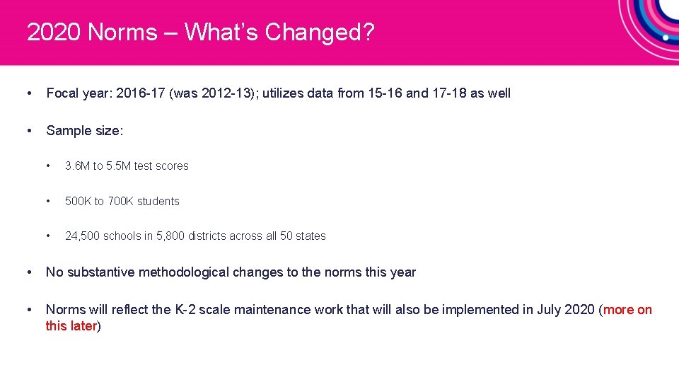 2020 Norms – What’s Changed? • Focal year: 2016 -17 (was 2012 -13); utilizes