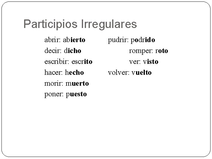 Participios Irregulares abrir: abierto decir: dicho escribir: escrito hacer: hecho morir: muerto poner: puesto