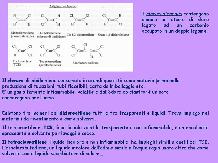 I cloruri alchenici contengono almeno un atomo di cloro legato ad un carbonio occupato