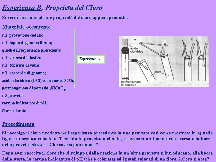 Esperienza B. Proprietà del Cloro Si verificheranno alcune proprietà del cloro appena prodotto. Materiale