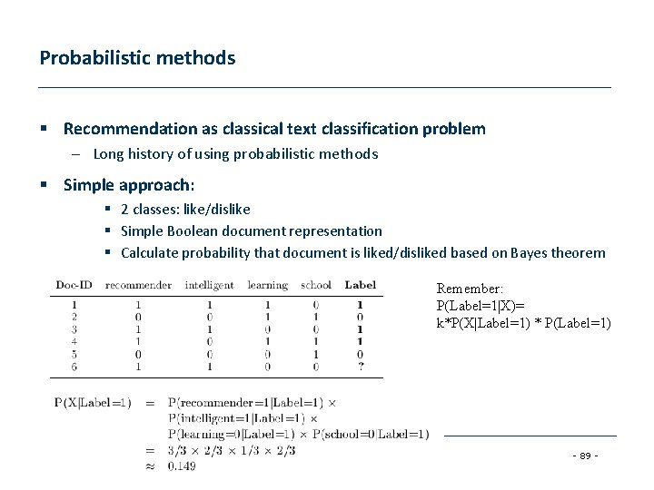 Probabilistic methods § Recommendation as classical text classification problem – Long history of using