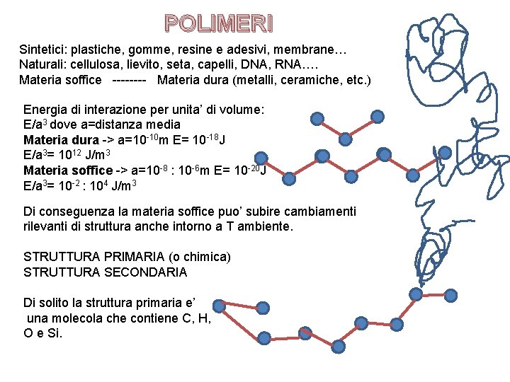 POLIMERI Sintetici: plastiche, gomme, resine e adesivi, membrane… Naturali: cellulosa, lievito, seta, capelli, DNA,