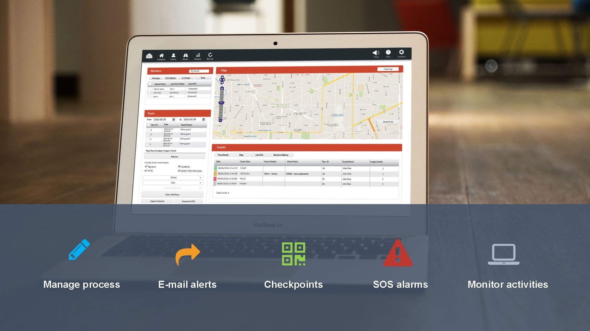 Manage process E-mail alerts Checkpoints SOS alarms Monitor activities Manage process E-mail alerts Checkpoints SOS alarms Monitor activities